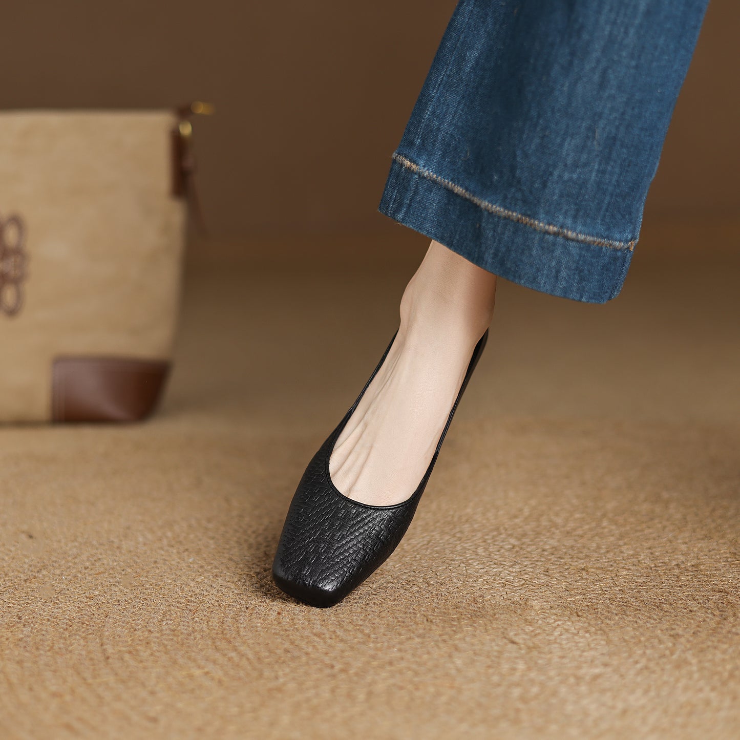 TinaCus Handmade Women's Genuine Leather Square Toe Embossed Patchwork Chunky Heel Slip On Pump Shoes