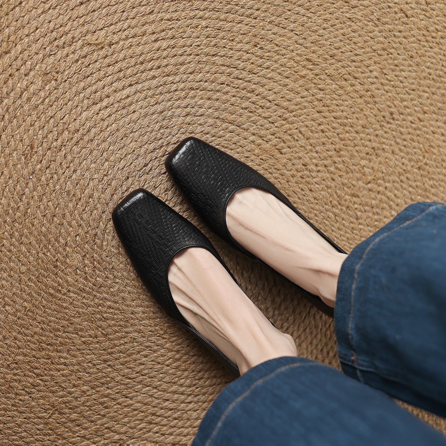 TinaCus Handmade Women's Genuine Leather Square Toe Embossed Patchwork Chunky Heel Slip On Pump Shoes