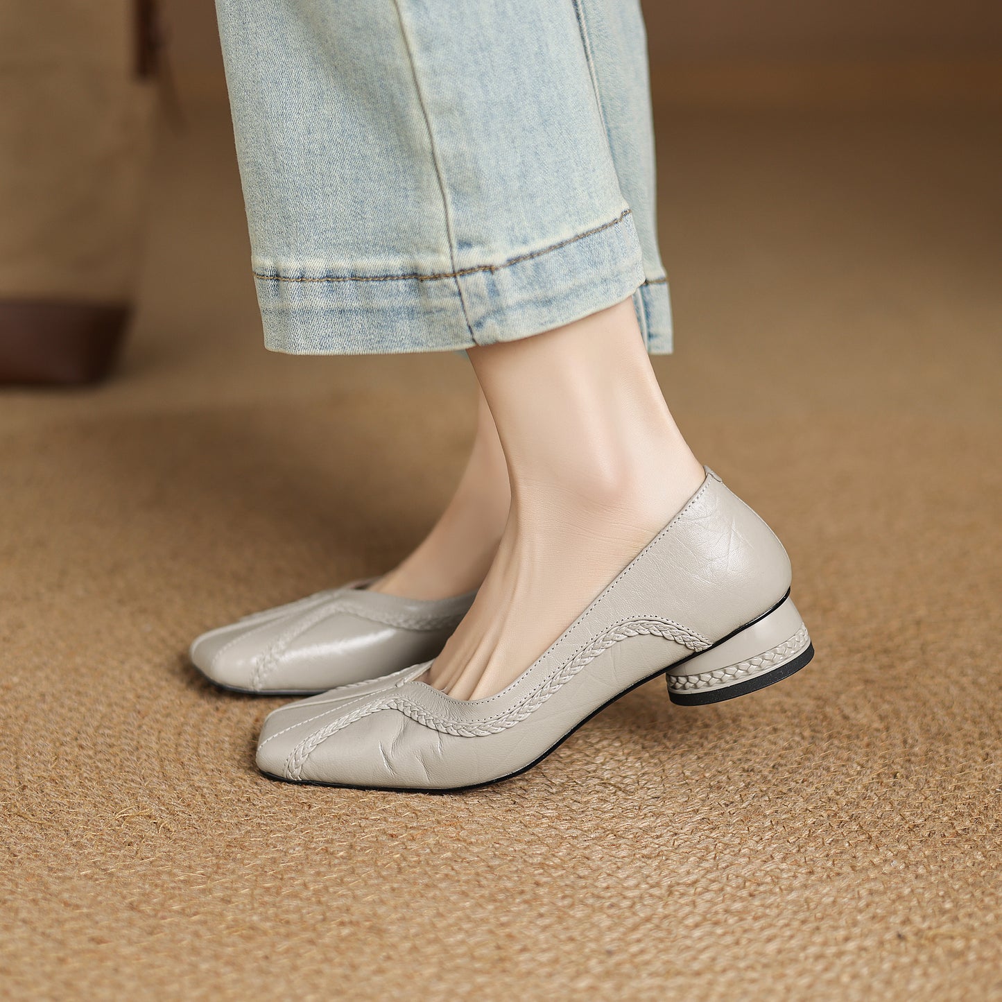 TinaCus Handmade Women's Genuine Leather Square Toe Braided Chunky Heel Casual Slip On Ballet Shoes