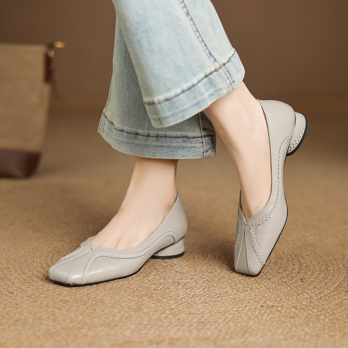 TinaCus Handmade Women's Genuine Leather Square Toe Braided Chunky Heel Casual Slip On Ballet Shoes