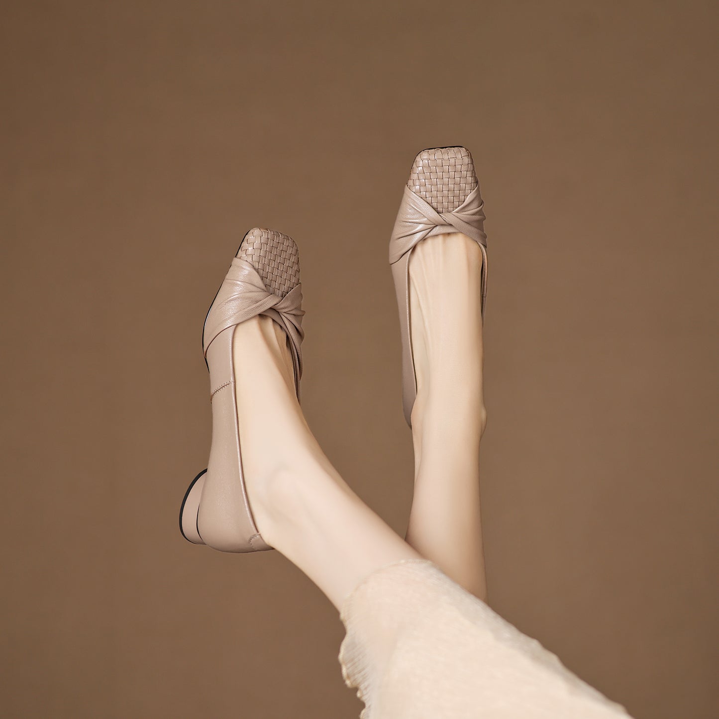 TinaCus Handmade Women's Genuine Leather Square Toe Woven Twist Knot Chunky Heel Casual Slip On Pump Shoes