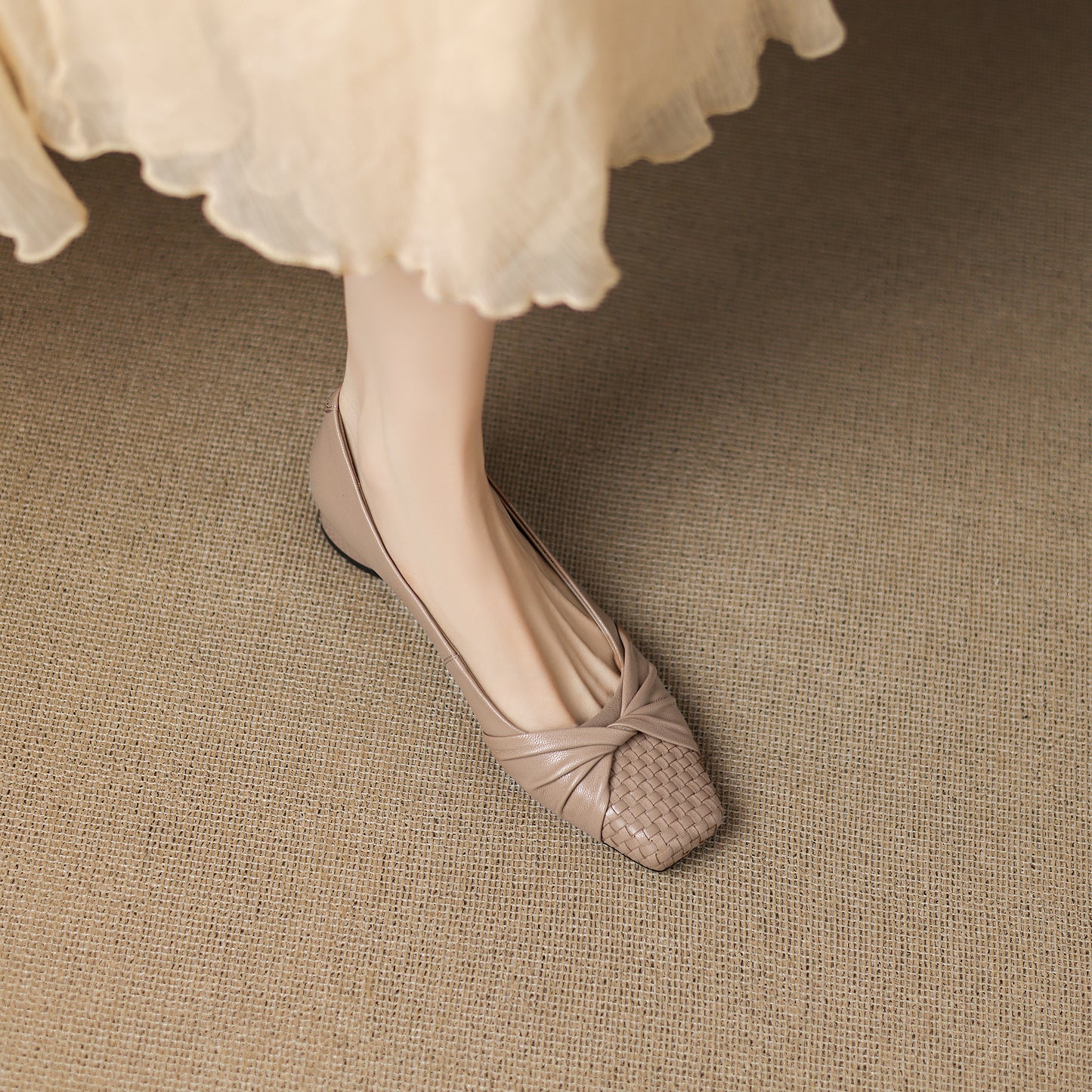 TinaCus Handmade Women's Genuine Leather Square Toe Woven Twist Knot Chunky Heel Casual Slip On Pump Shoes