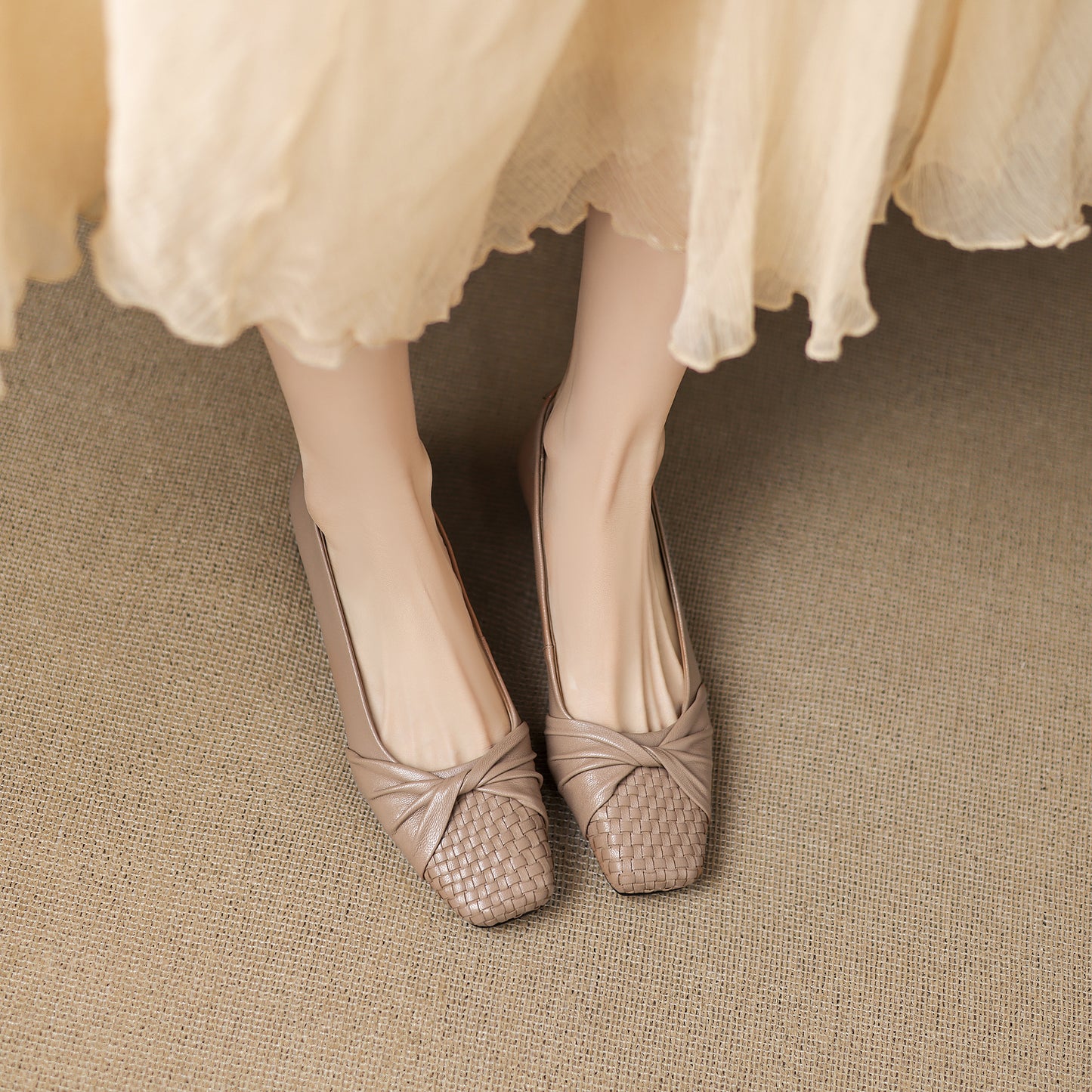 TinaCus Handmade Women's Genuine Leather Square Toe Woven Twist Knot Chunky Heel Casual Slip On Pump Shoes