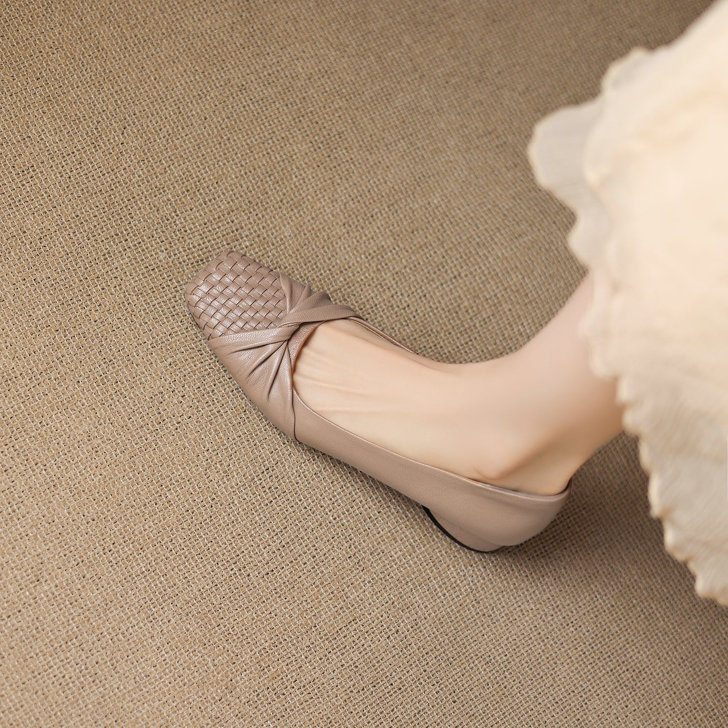 TinaCus Handmade Women's Genuine Leather Square Toe Woven Twist Knot Chunky Heel Casual Slip On Pump Shoes