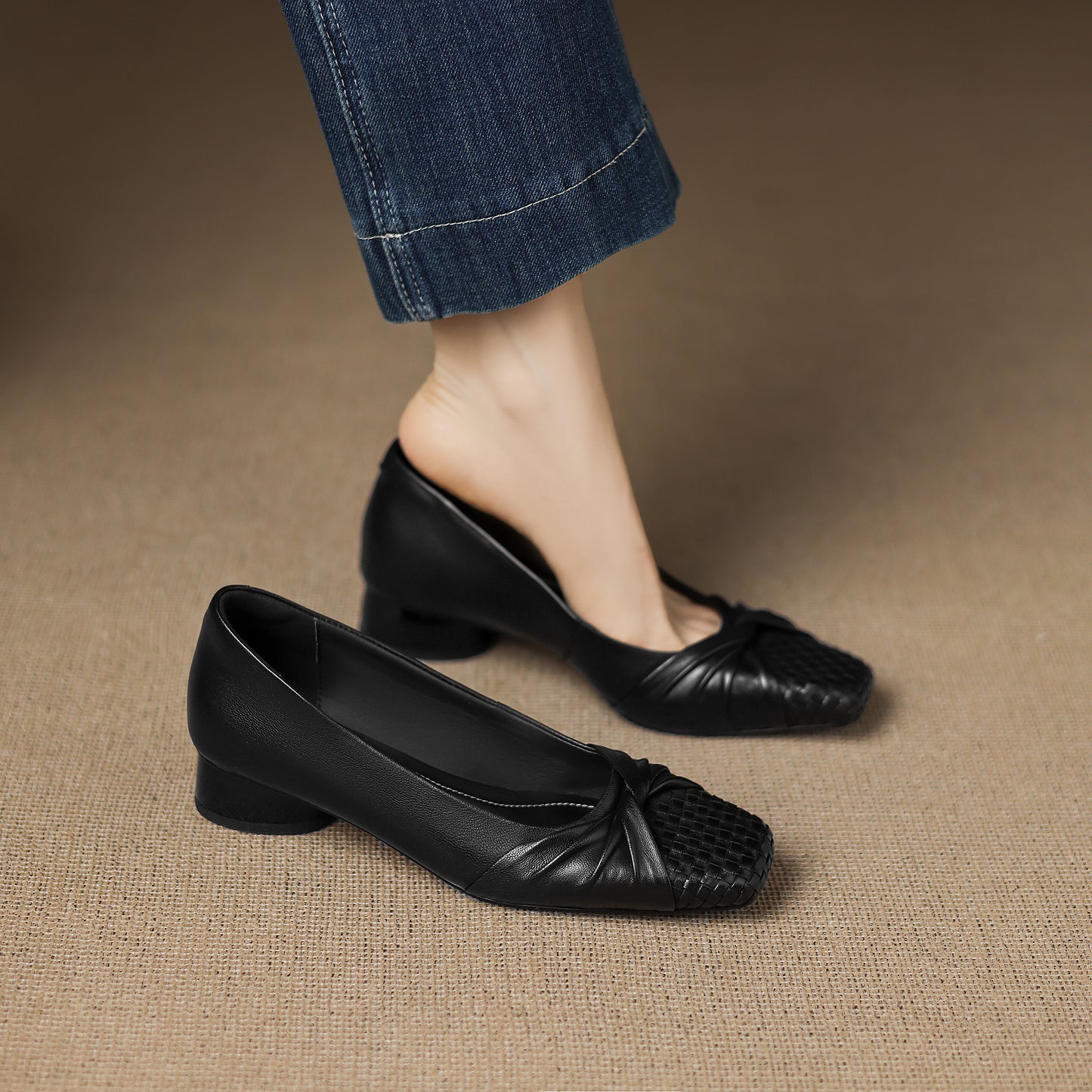 TinaCus Handmade Women's Genuine Leather Square Toe Woven Twist Knot Chunky Heel Casual Slip On Pump Shoes