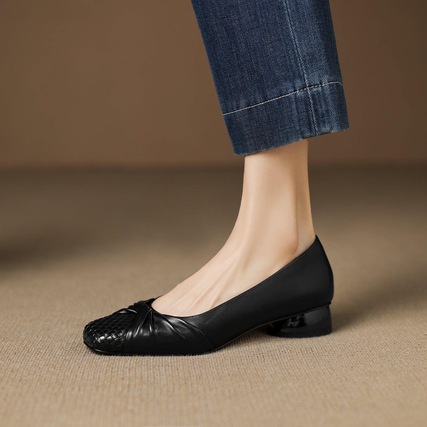 TinaCus Handmade Women's Genuine Leather Square Toe Woven Twist Knot Chunky Heel Casual Slip On Pump Shoes