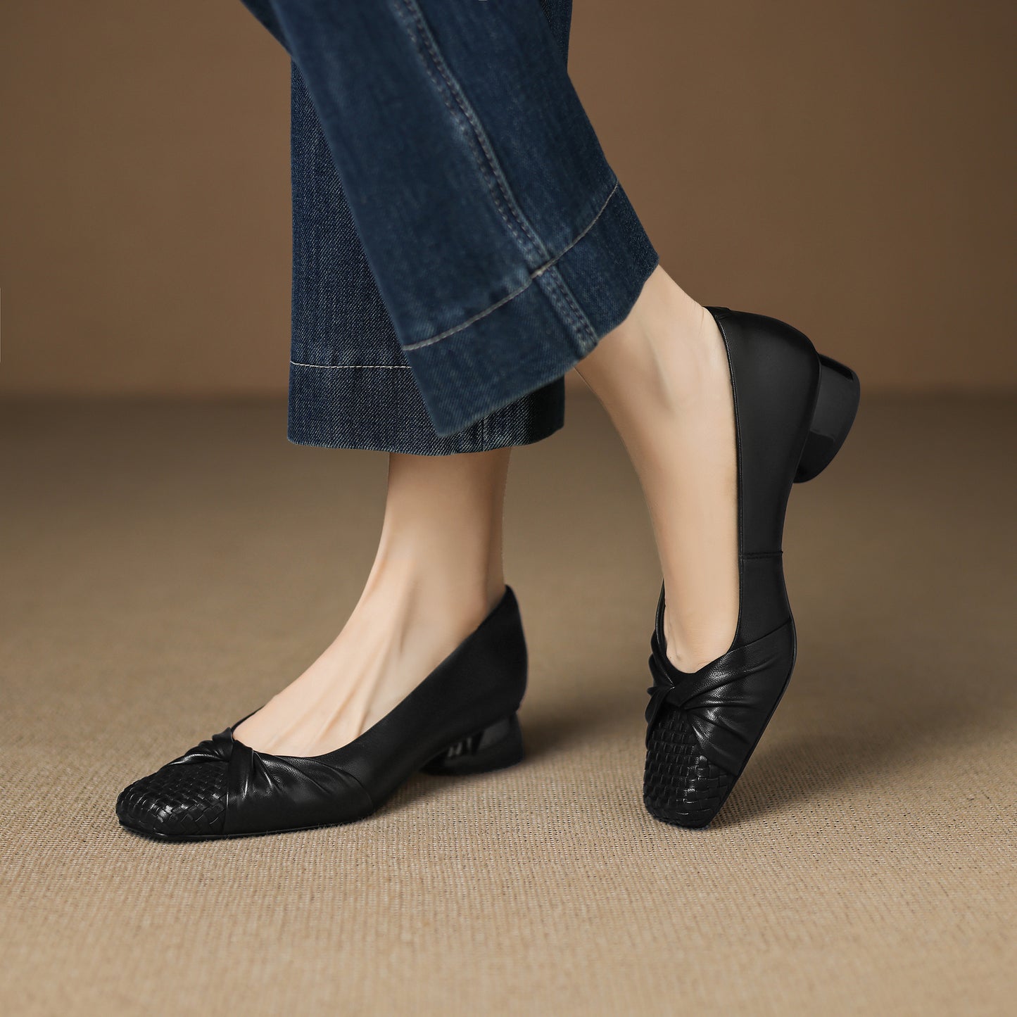 TinaCus Handmade Women's Genuine Leather Square Toe Woven Twist Knot Chunky Heel Casual Slip On Pump Shoes