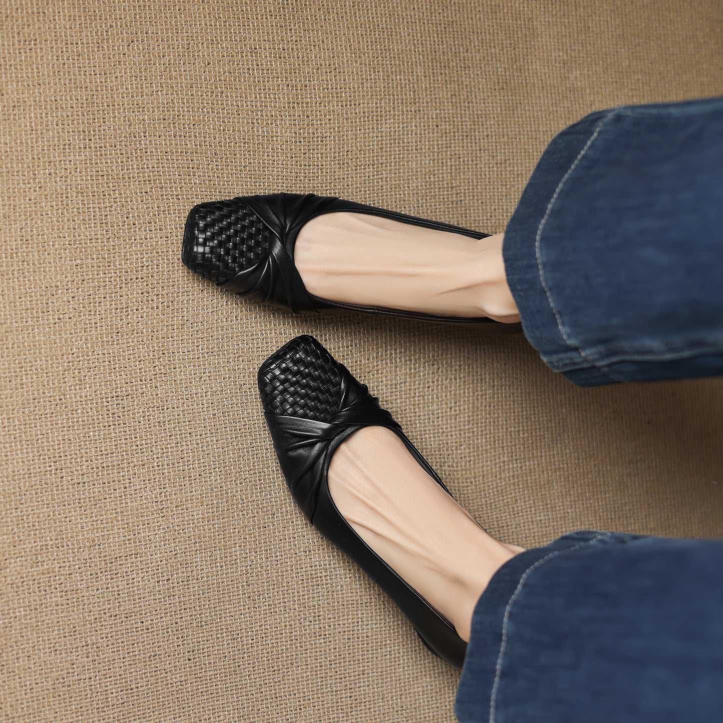 TinaCus Handmade Women's Genuine Leather Square Toe Woven Twist Knot Chunky Heel Casual Slip On Pump Shoes