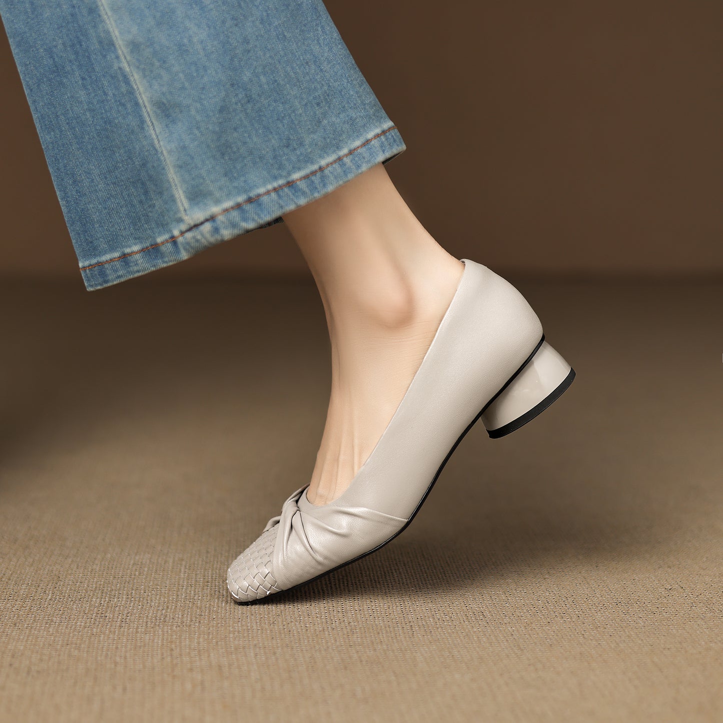 TinaCus Handmade Women's Genuine Leather Square Toe Woven Twist Knot Chunky Heel Casual Slip On Pump Shoes