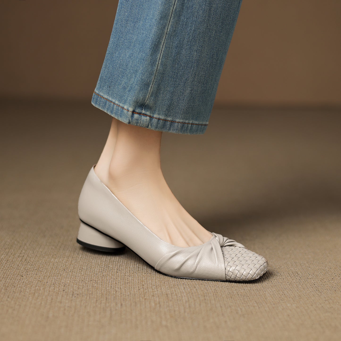 TinaCus Handmade Women's Genuine Leather Square Toe Woven Twist Knot Chunky Heel Casual Slip On Pump Shoes