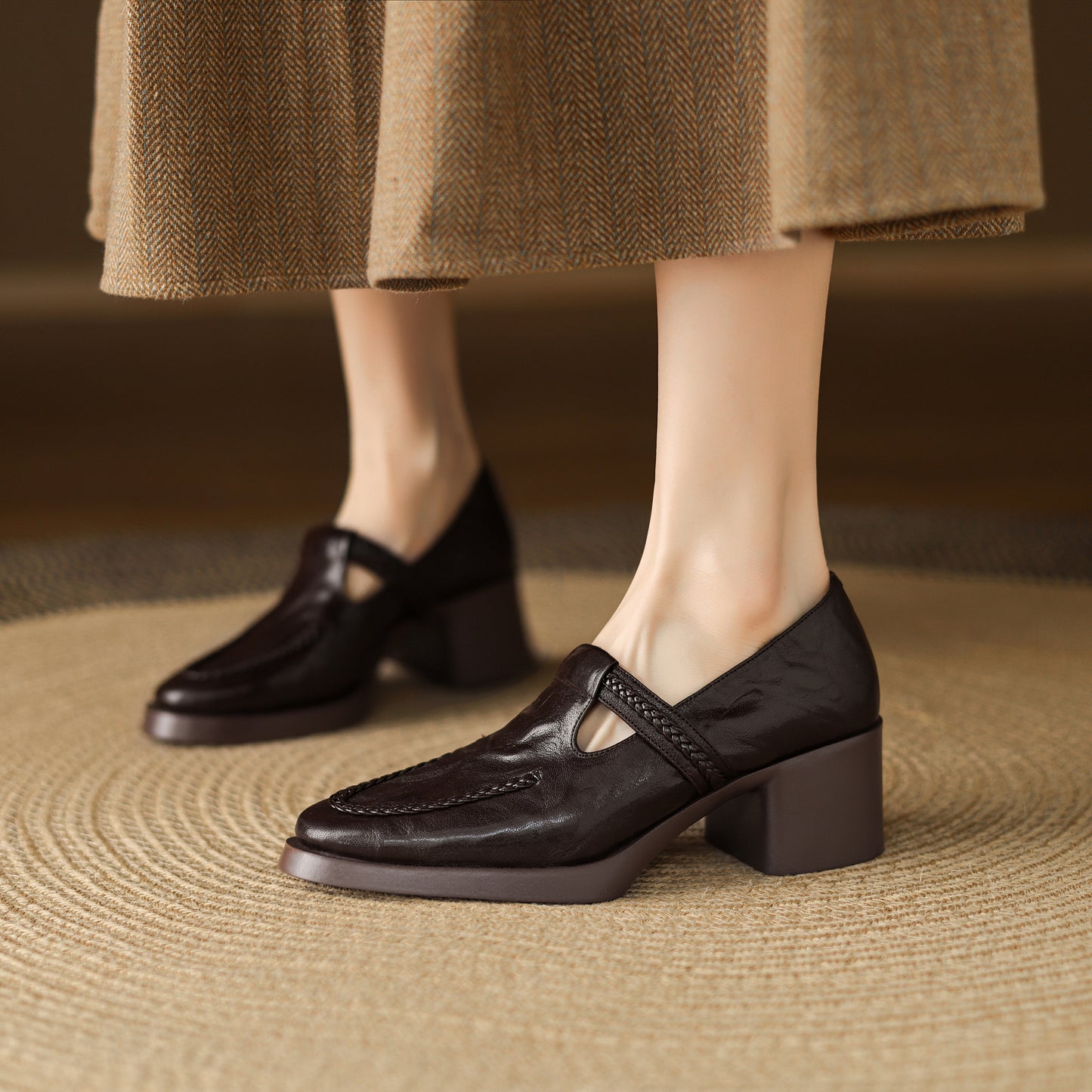 TinaCus Handmade Women's Genuine Leather Round Toe Braided T-Strap Stacked Heel Pump Shoes