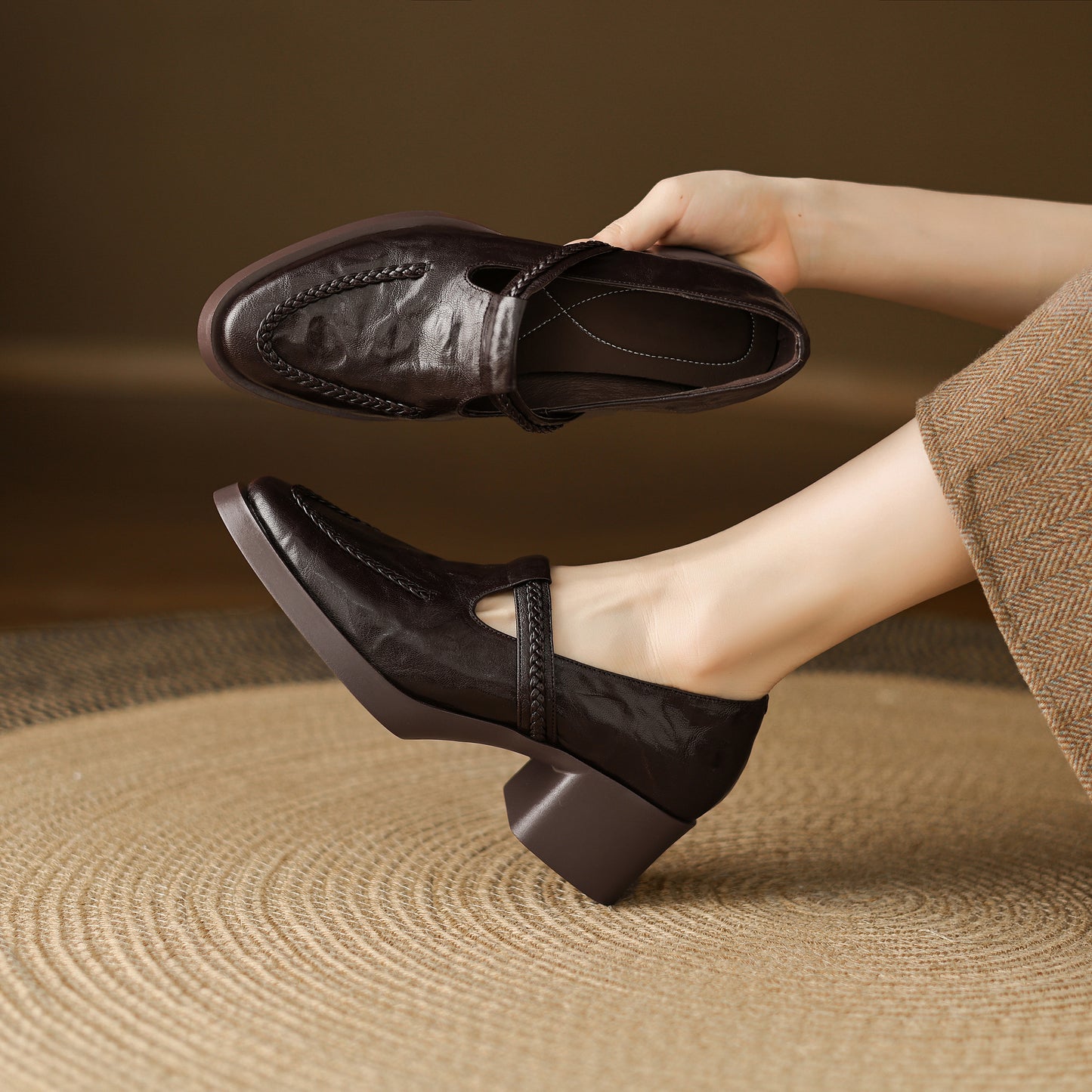 TinaCus Handmade Women's Genuine Leather Round Toe Braided T-Strap Stacked Heel Pump Shoes