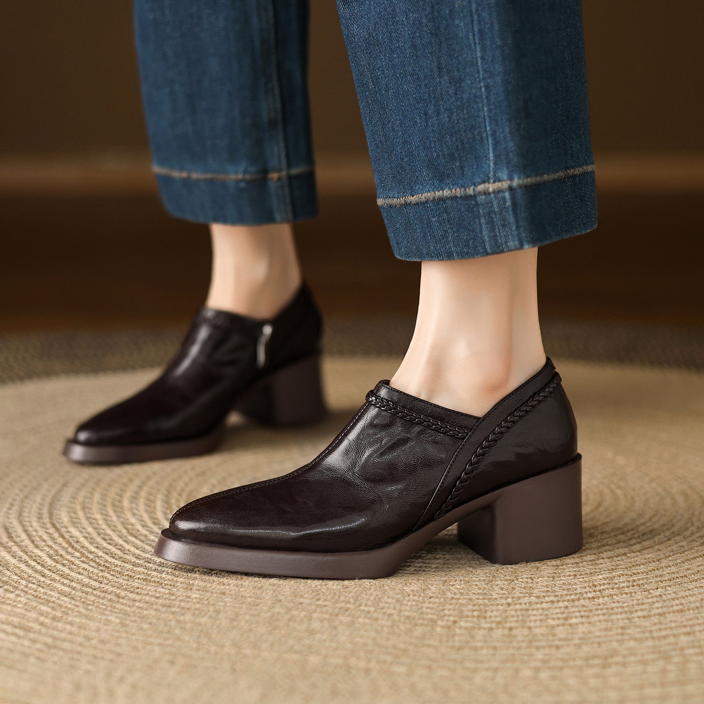 TinaCus Handmade Women's Genuine Leather Round Toe Braided Block Heel Casual Side Zipper Pump Shoes