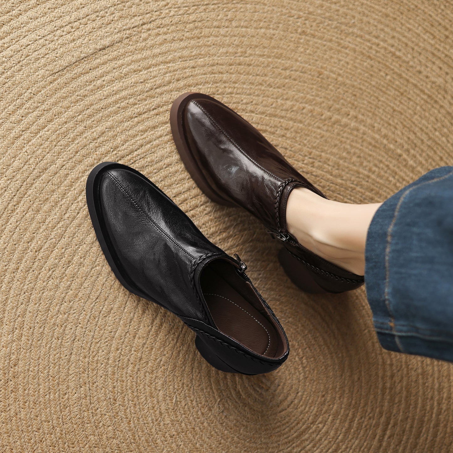 TinaCus Handmade Women's Genuine Leather Round Toe Braided Block Heel Casual Side Zipper Pump Shoes