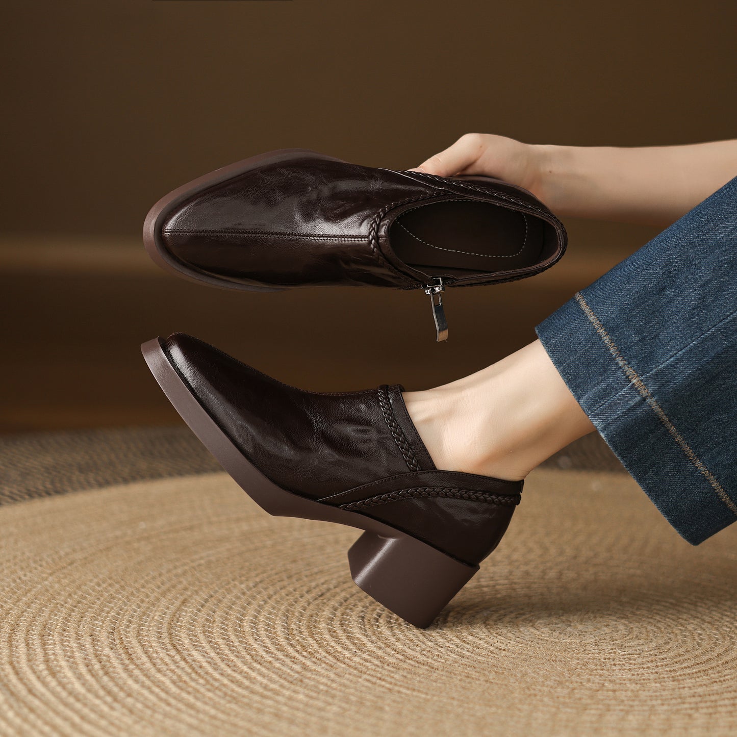 TinaCus Handmade Women's Genuine Leather Round Toe Braided Block Heel Casual Side Zipper Pump Shoes