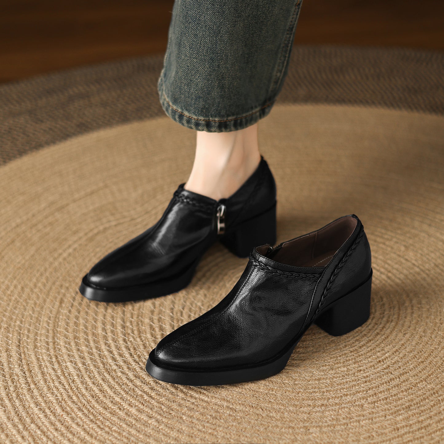 TinaCus Handmade Women's Genuine Leather Round Toe Braided Block Heel Casual Side Zipper Pump Shoes