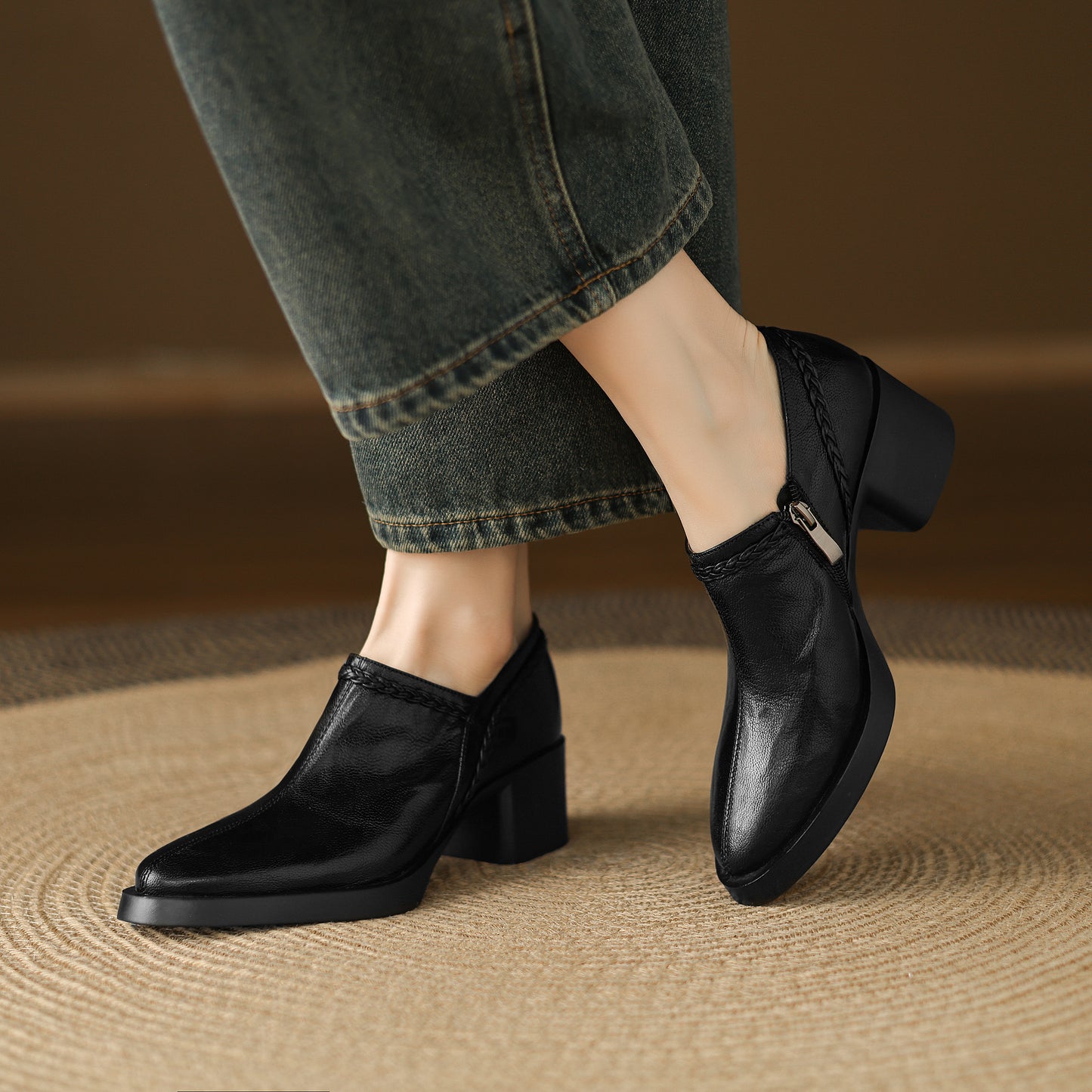 TinaCus Handmade Women's Genuine Leather Round Toe Braided Block Heel Casual Side Zipper Pump Shoes