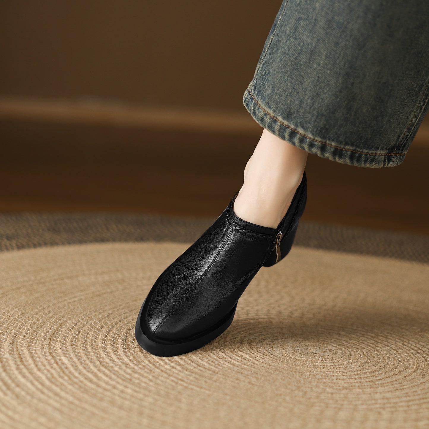 TinaCus Handmade Women's Genuine Leather Round Toe Braided Block Heel Casual Side Zipper Pump Shoes