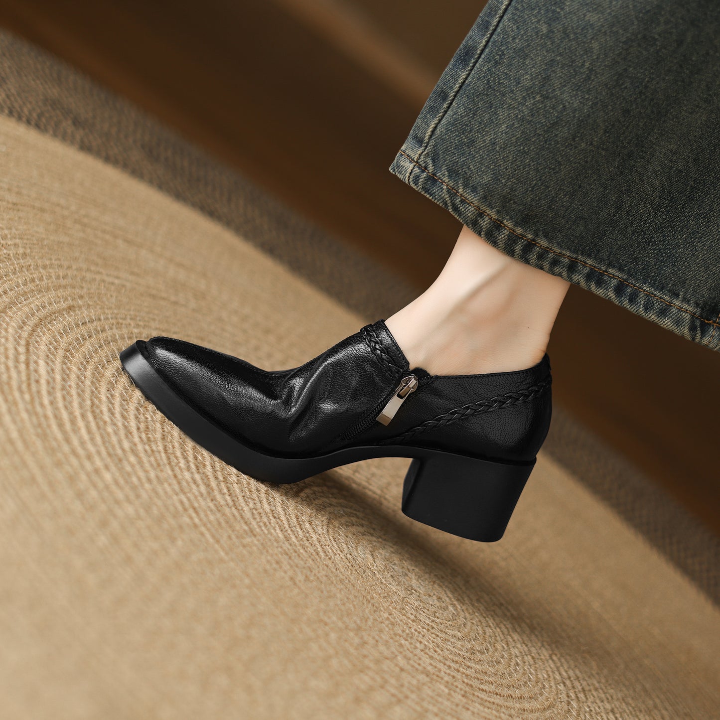 TinaCus Handmade Women's Genuine Leather Round Toe Braided Block Heel Casual Side Zipper Pump Shoes