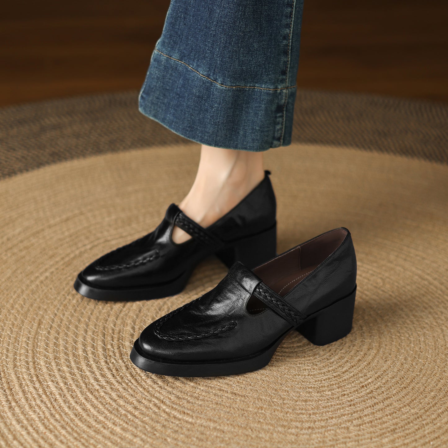 TinaCus Handmade Women's Genuine Leather Round Toe Braided T-Strap Stacked Heel Pump Shoes