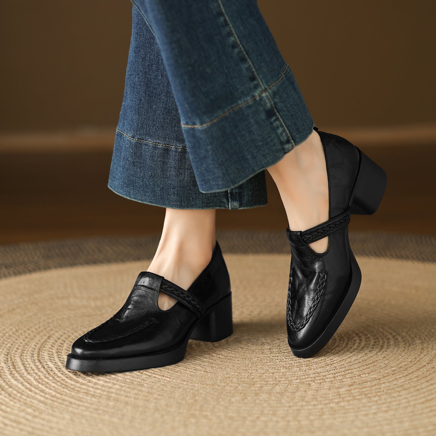 TinaCus Handmade Women's Genuine Leather Round Toe Braided T-Strap Stacked Heel Pump Shoes