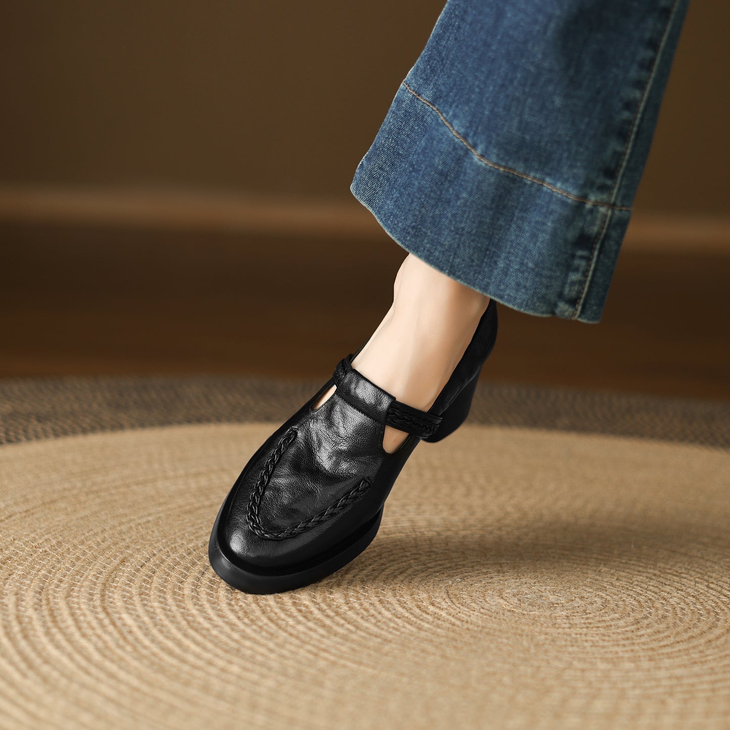 TinaCus Handmade Women's Genuine Leather Round Toe Braided T-Strap Stacked Heel Pump Shoes