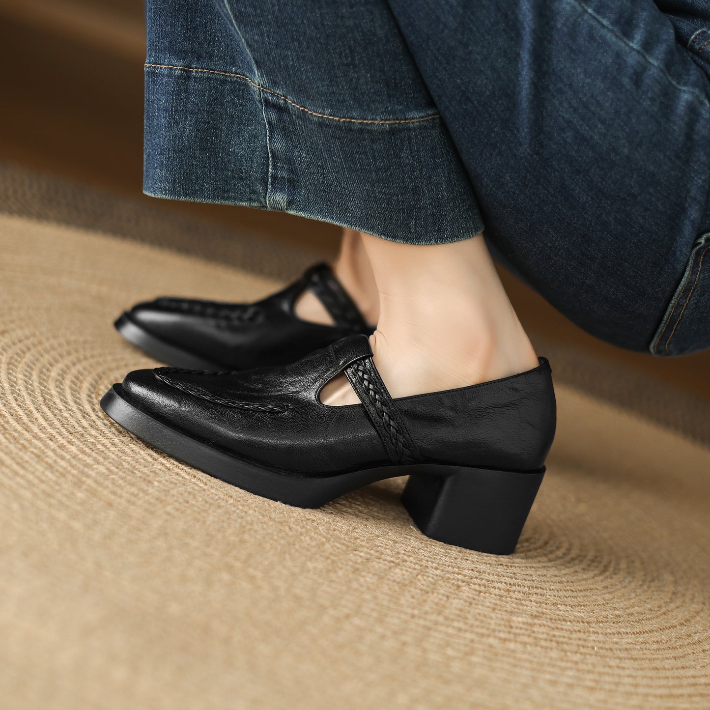 TinaCus Handmade Women's Genuine Leather Round Toe Braided T-Strap Stacked Heel Pump Shoes