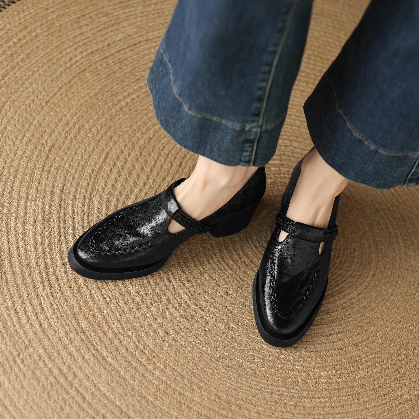 TinaCus Handmade Women's Genuine Leather Round Toe Braided T-Strap Stacked Heel Pump Shoes