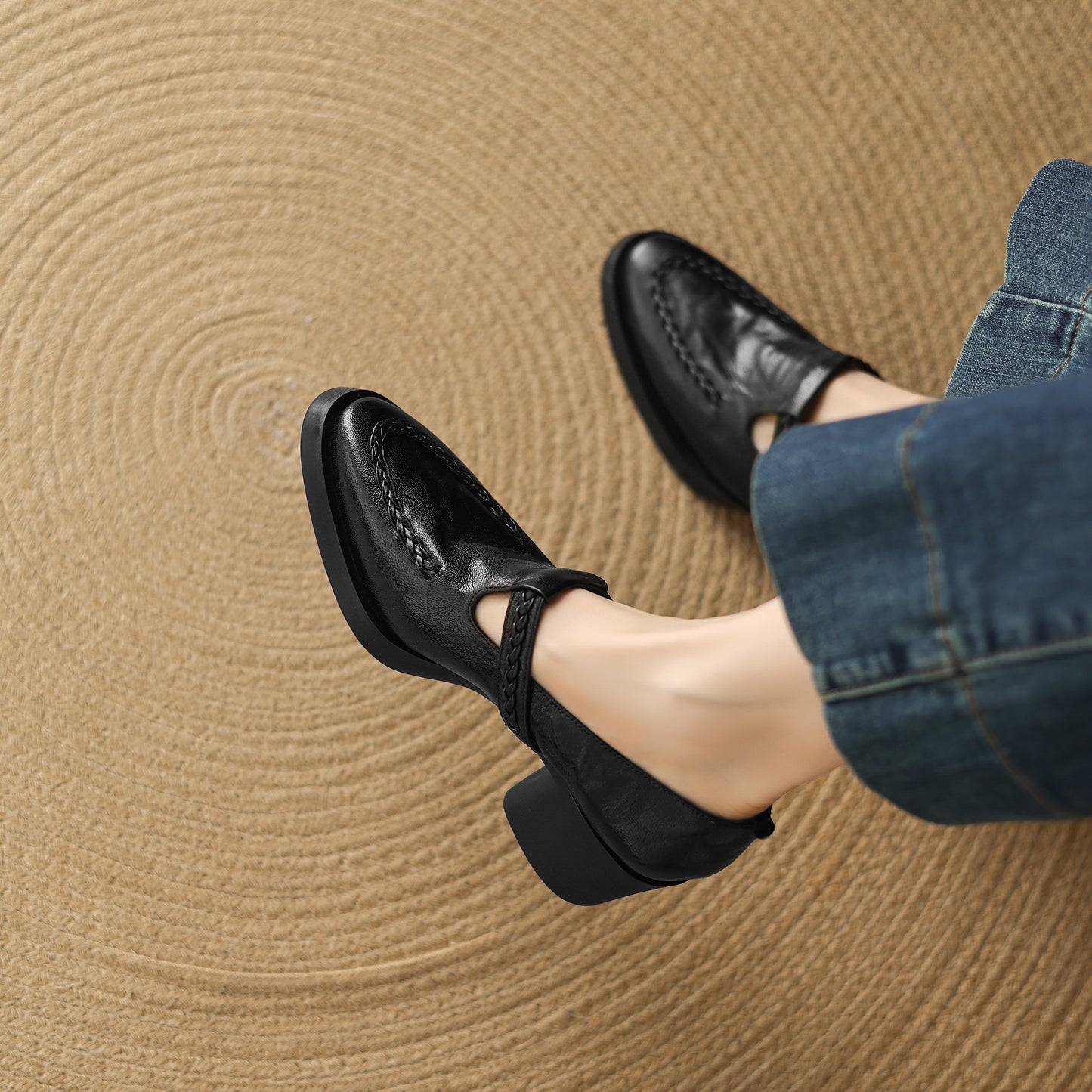 TinaCus Handmade Women's Genuine Leather Round Toe Braided T-Strap Stacked Heel Pump Shoes