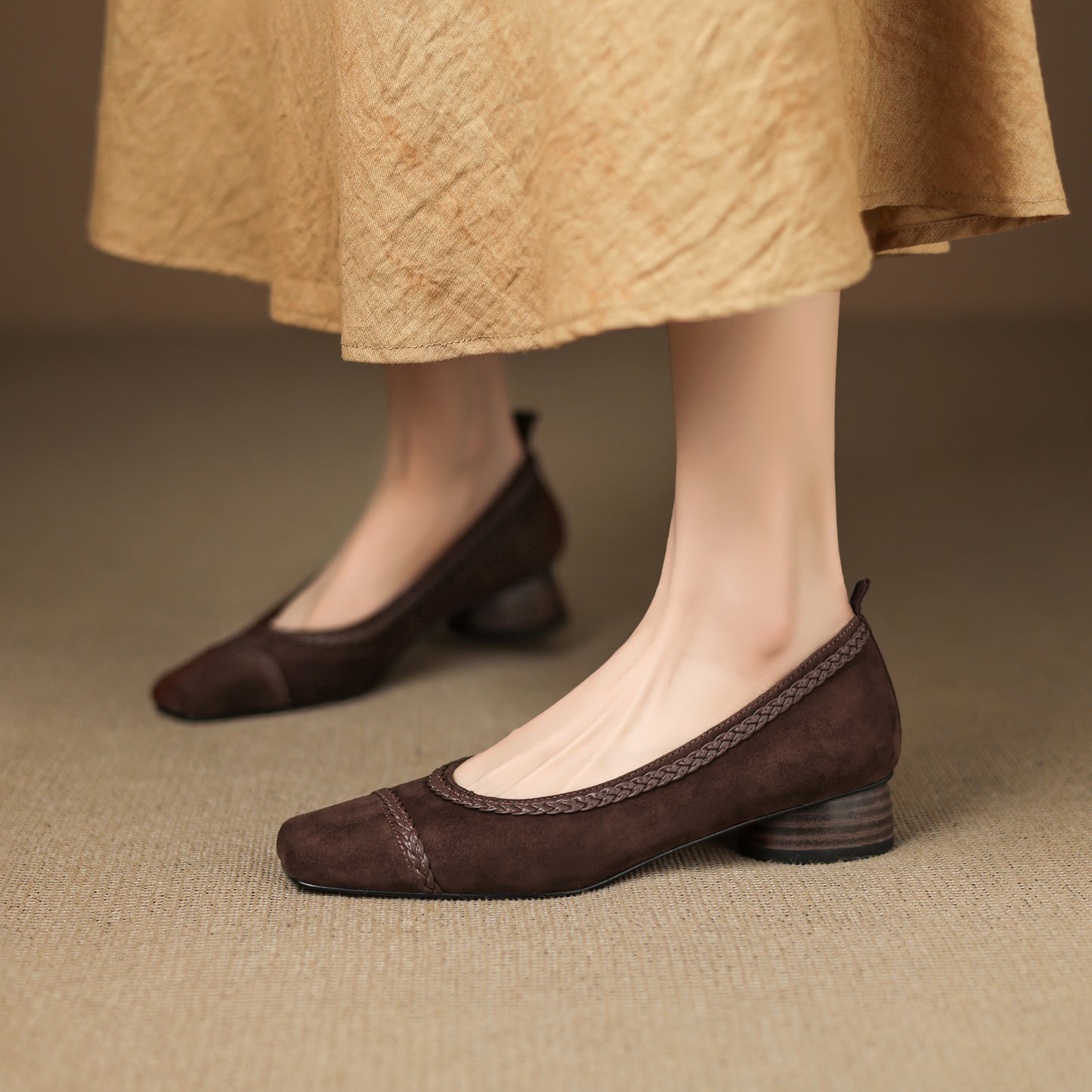 TinaCus Handmade Women's Suede Leather Toe Braided Stacked Heel Slip On Comfortable Pump Shoes