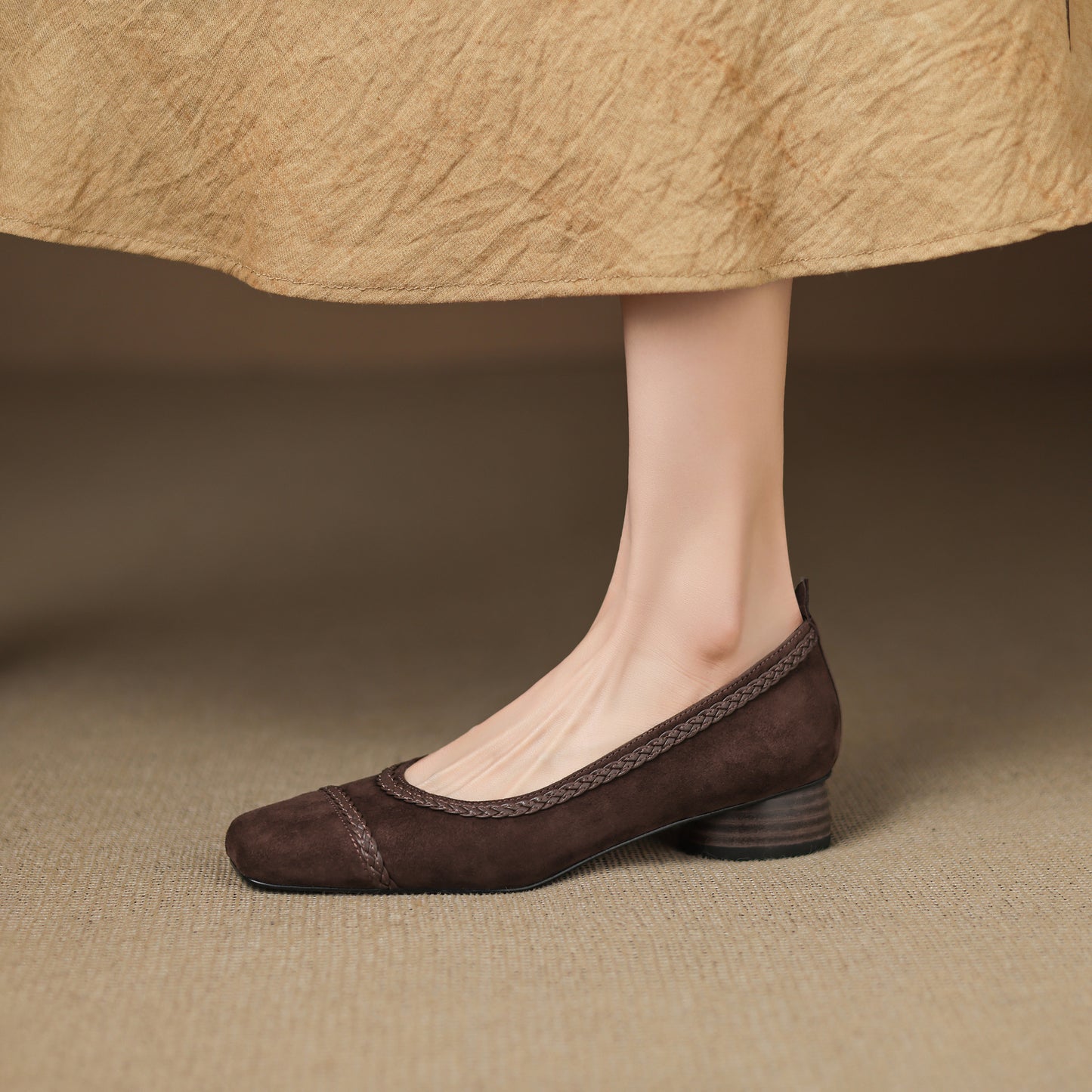 TinaCus Handmade Women's Suede Leather Toe Braided Stacked Heel Slip On Comfortable Pump Shoes