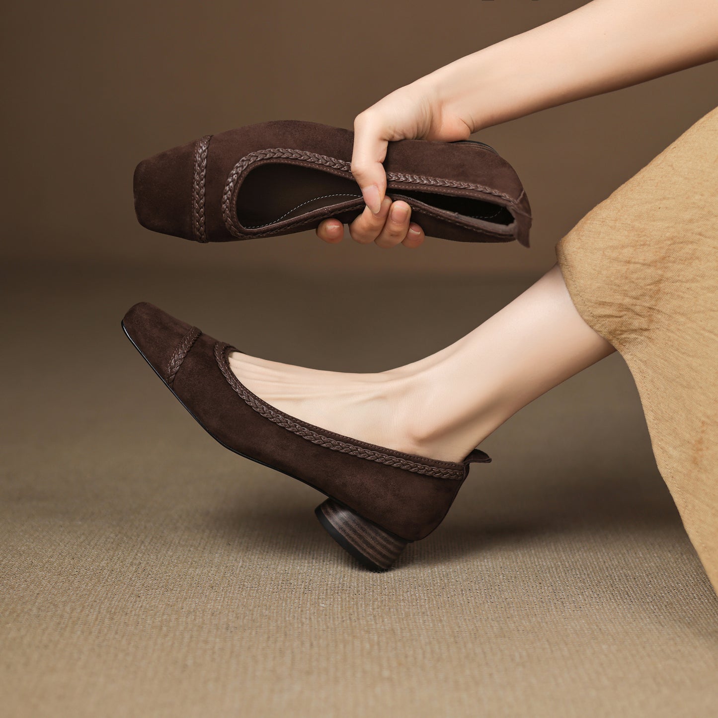 TinaCus Handmade Women's Suede Leather Toe Braided Stacked Heel Slip On Comfortable Pump Shoes