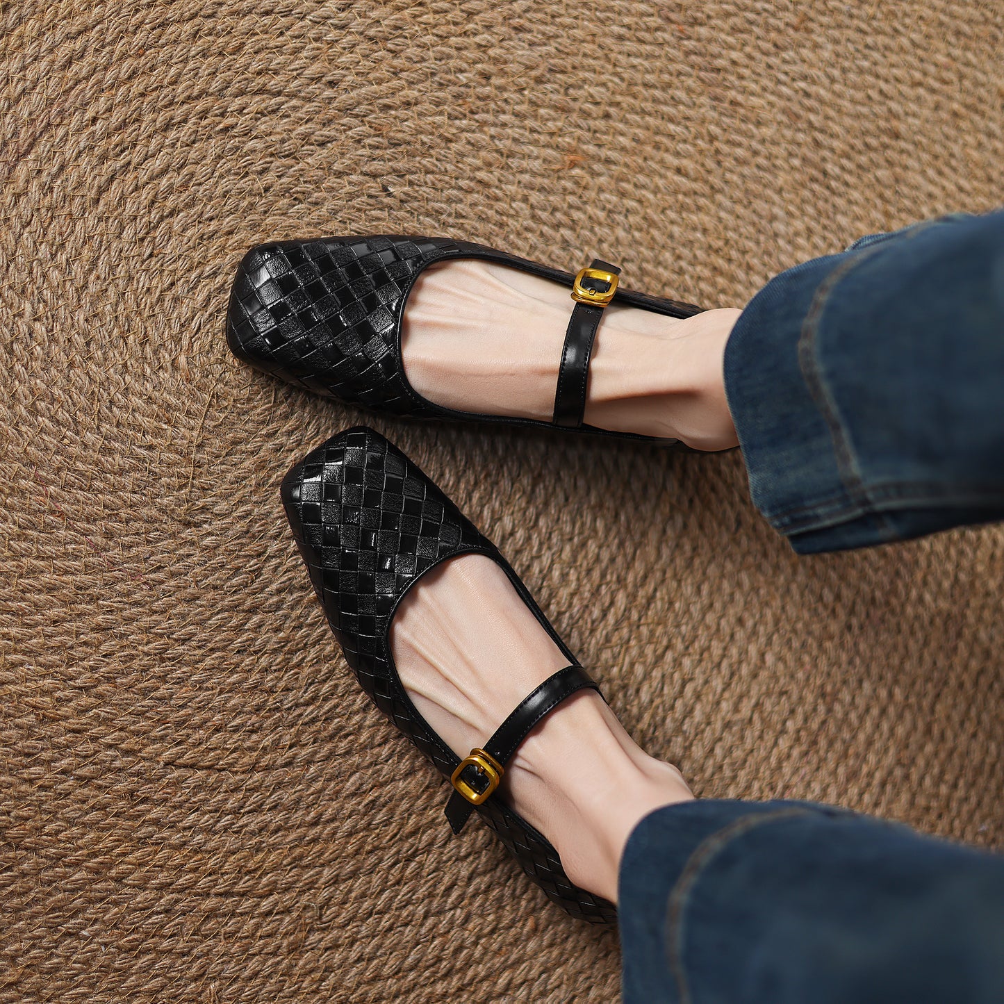 TinaCus Handmade Women's Genuine Leather Weave Buckle Square Toe Mary Jane Flats