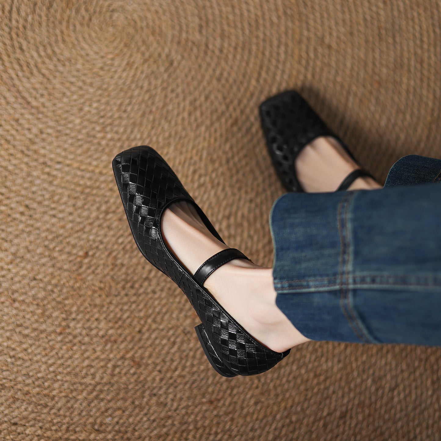 TinaCus Handmade Women's Genuine Leather Weave Buckle Square Toe Mary Jane Flats