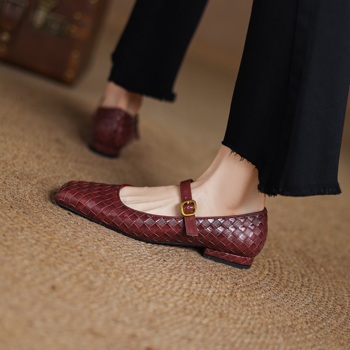 TinaCus Handmade Women's Genuine Leather Weave Buckle Square Toe Mary Jane Flats