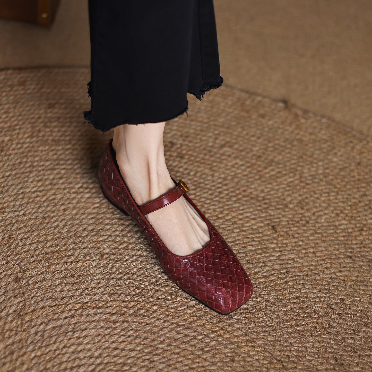 TinaCus Handmade Women's Genuine Leather Weave Buckle Square Toe Mary Jane Flats