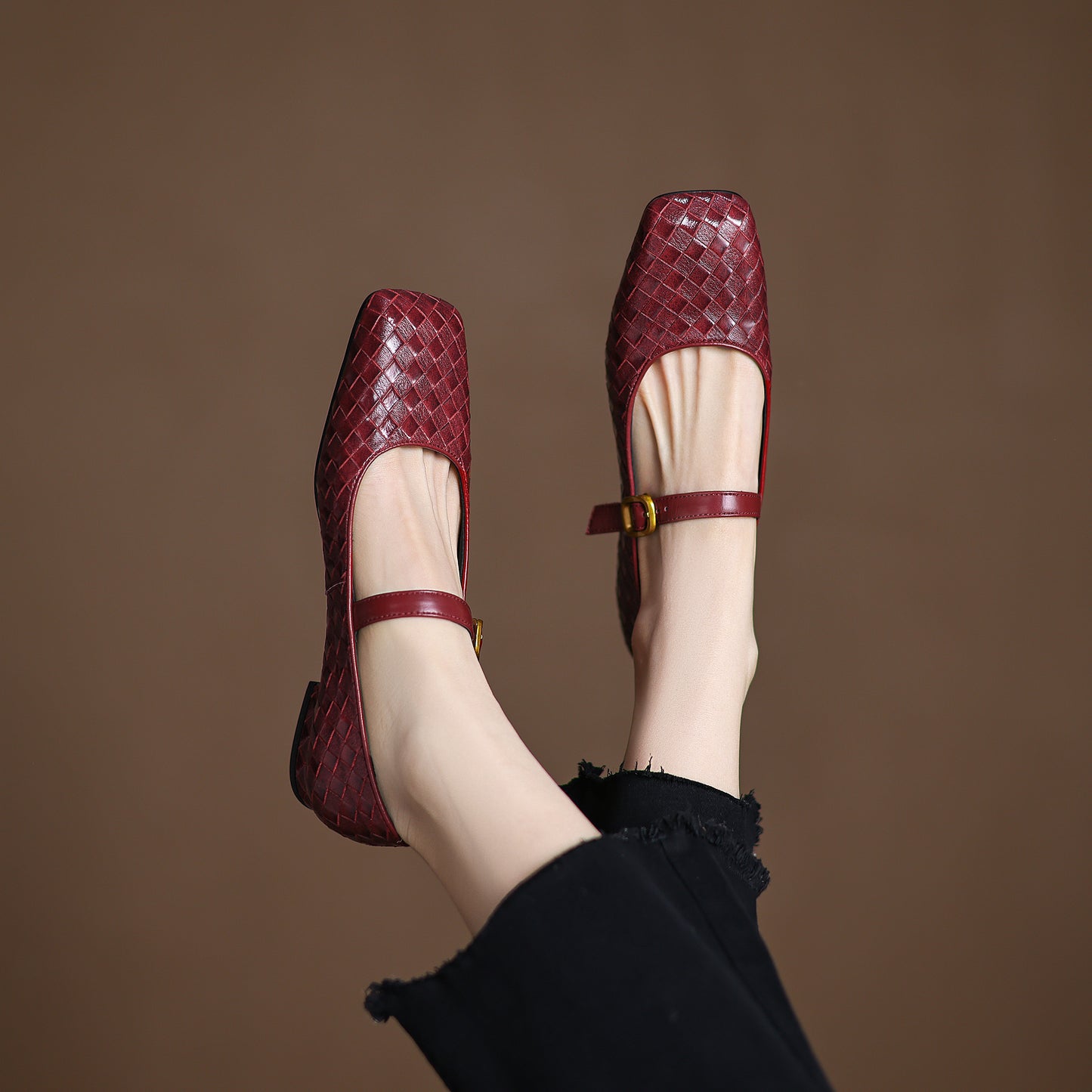 TinaCus Handmade Women's Genuine Leather Weave Buckle Square Toe Mary Jane Flats