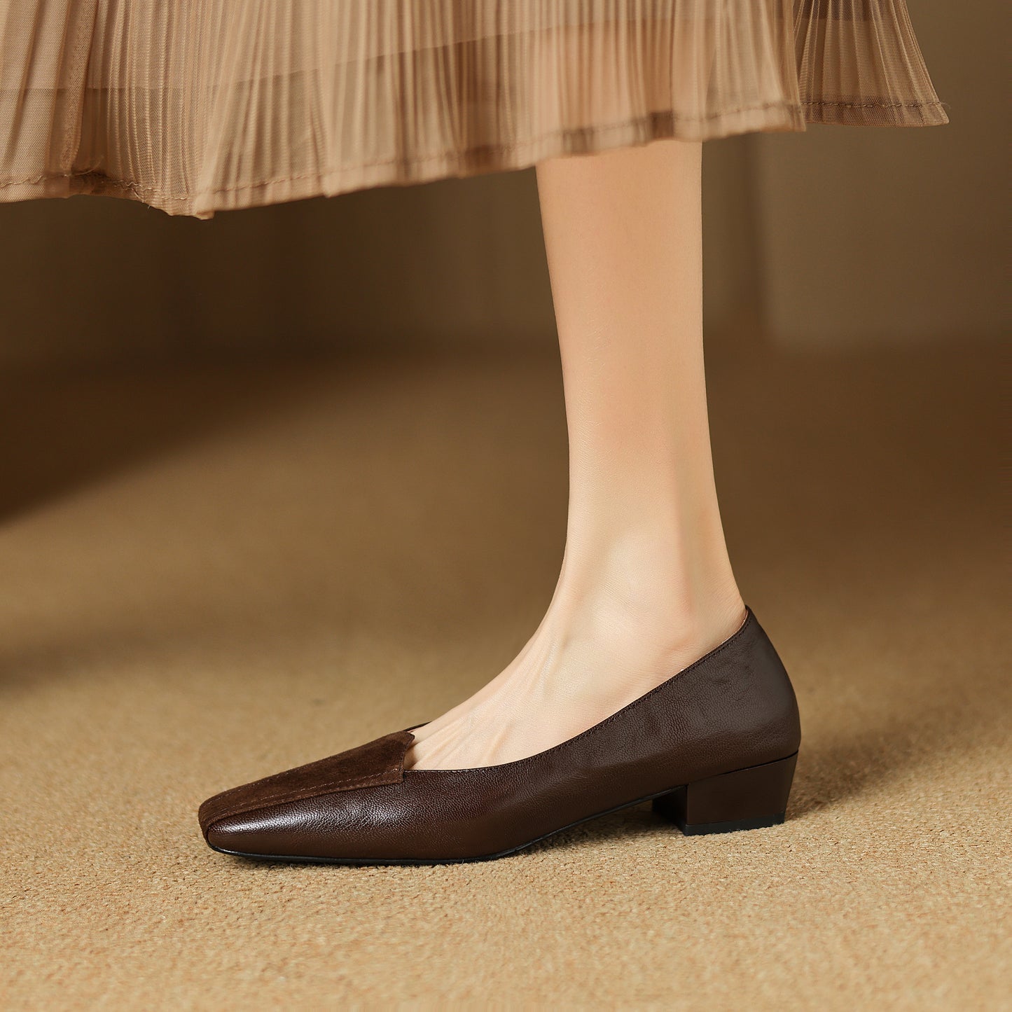 TinaCus Handmade Women's Genuine Leather Square Toe Slip On Patchwork Low Heel Office Dress Loafer Shoes