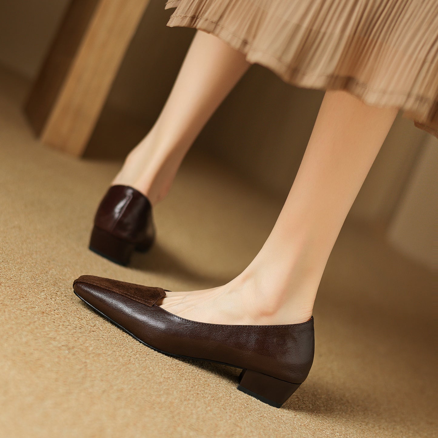 TinaCus Handmade Women's Genuine Leather Square Toe Slip On Patchwork Low Heel Office Dress Loafer Shoes