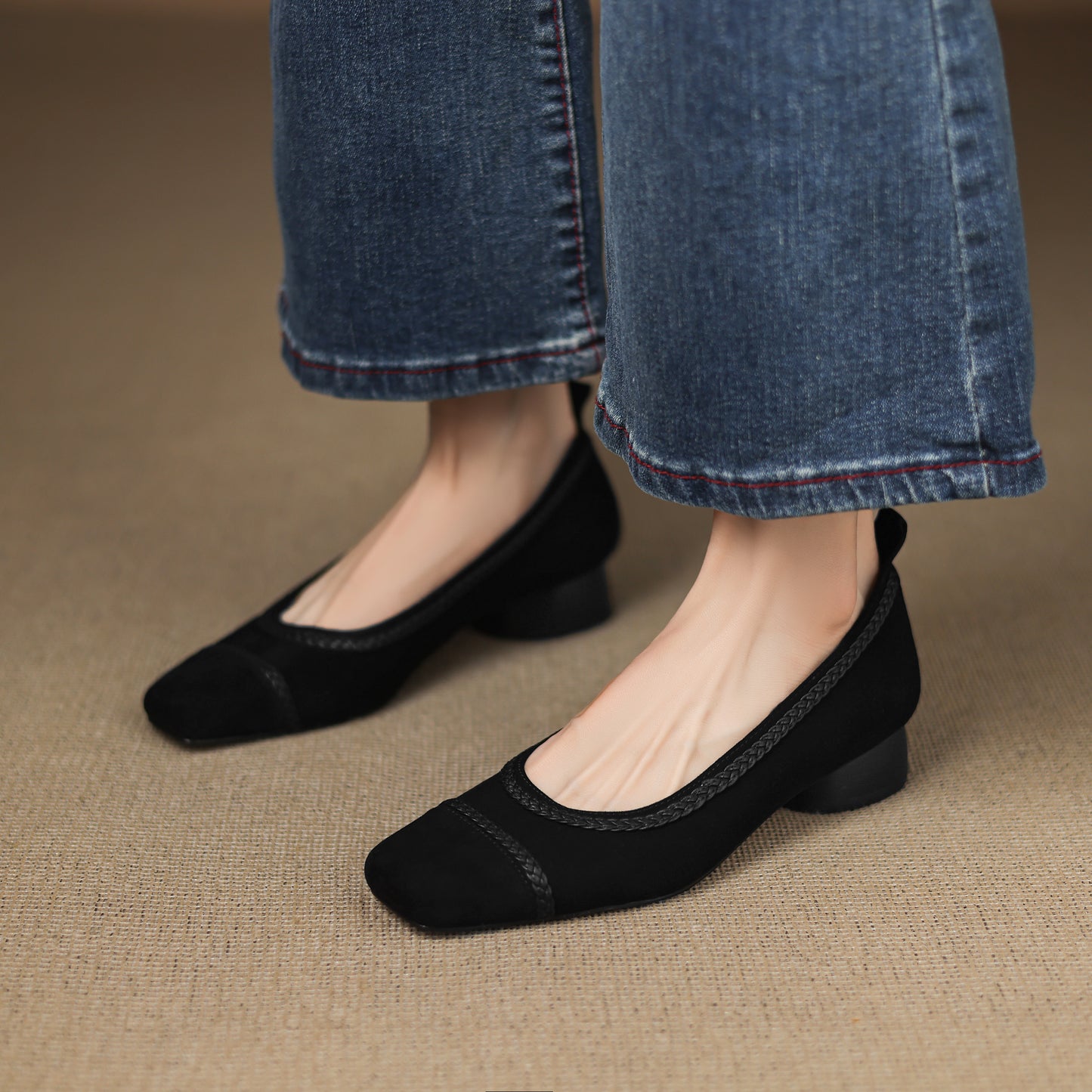 TinaCus Handmade Women's Suede Leather Toe Braided Stacked Heel Slip On Comfortable Pump Shoes