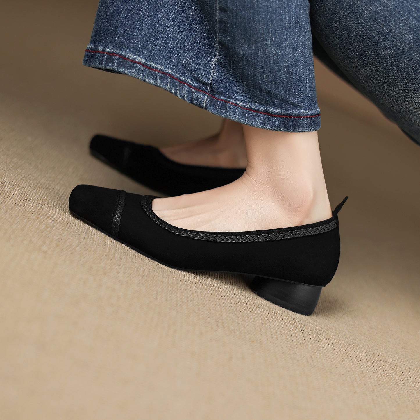 TinaCus Handmade Women's Suede Leather Toe Braided Stacked Heel Slip On Comfortable Pump Shoes