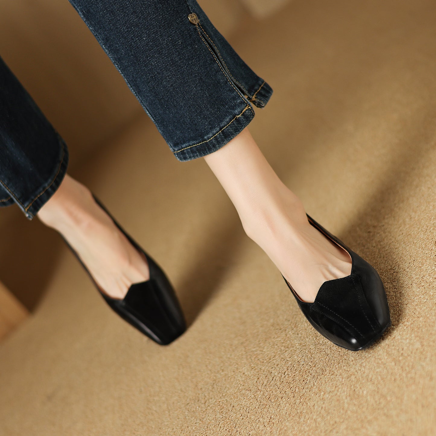 TinaCus Handmade Women's Genuine Leather Square Toe Slip On Patchwork Low Heel Office Dress Loafer Shoes