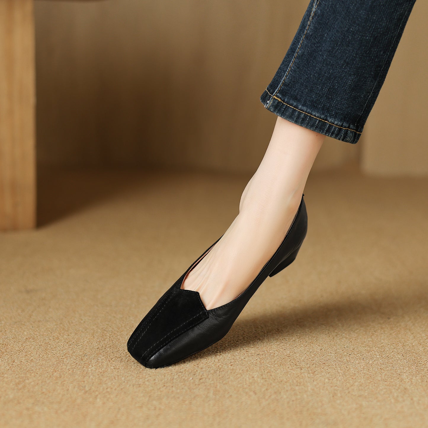 TinaCus Handmade Women's Genuine Leather Square Toe Slip On Patchwork Low Heel Office Dress Loafer Shoes