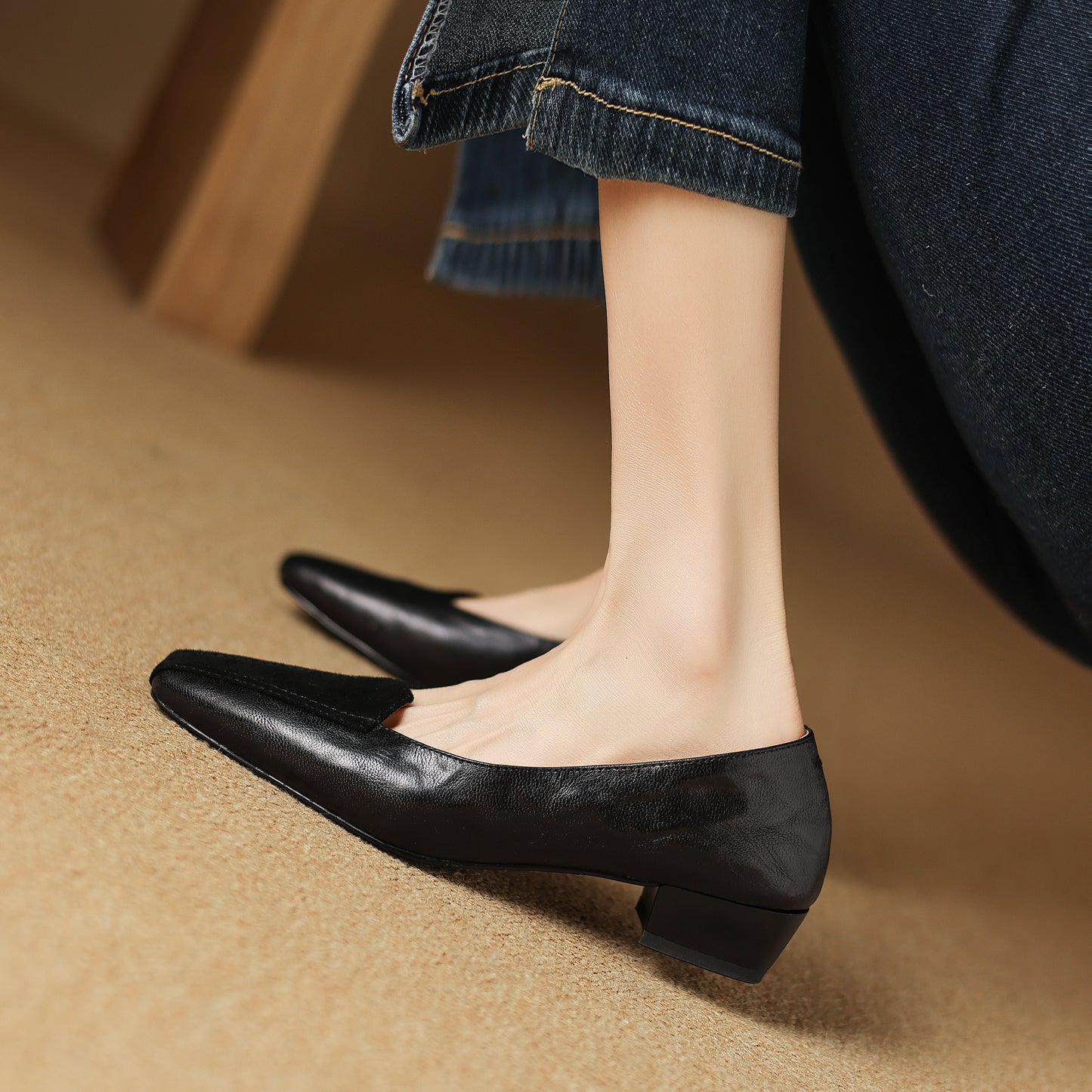 TinaCus Handmade Women's Genuine Leather Square Toe Slip On Patchwork Low Heel Office Dress Loafer Shoes