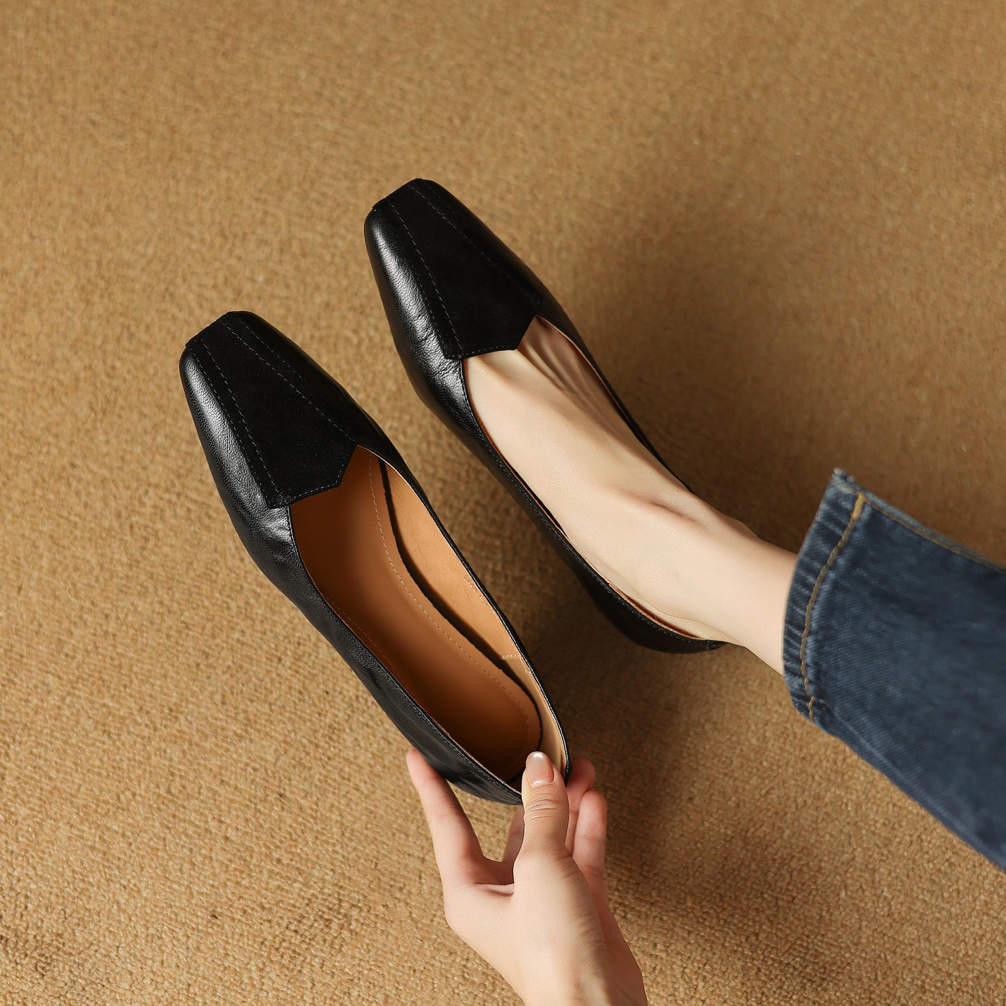 TinaCus Handmade Women's Genuine Leather Square Toe Slip On Patchwork Low Heel Office Dress Loafer Shoes