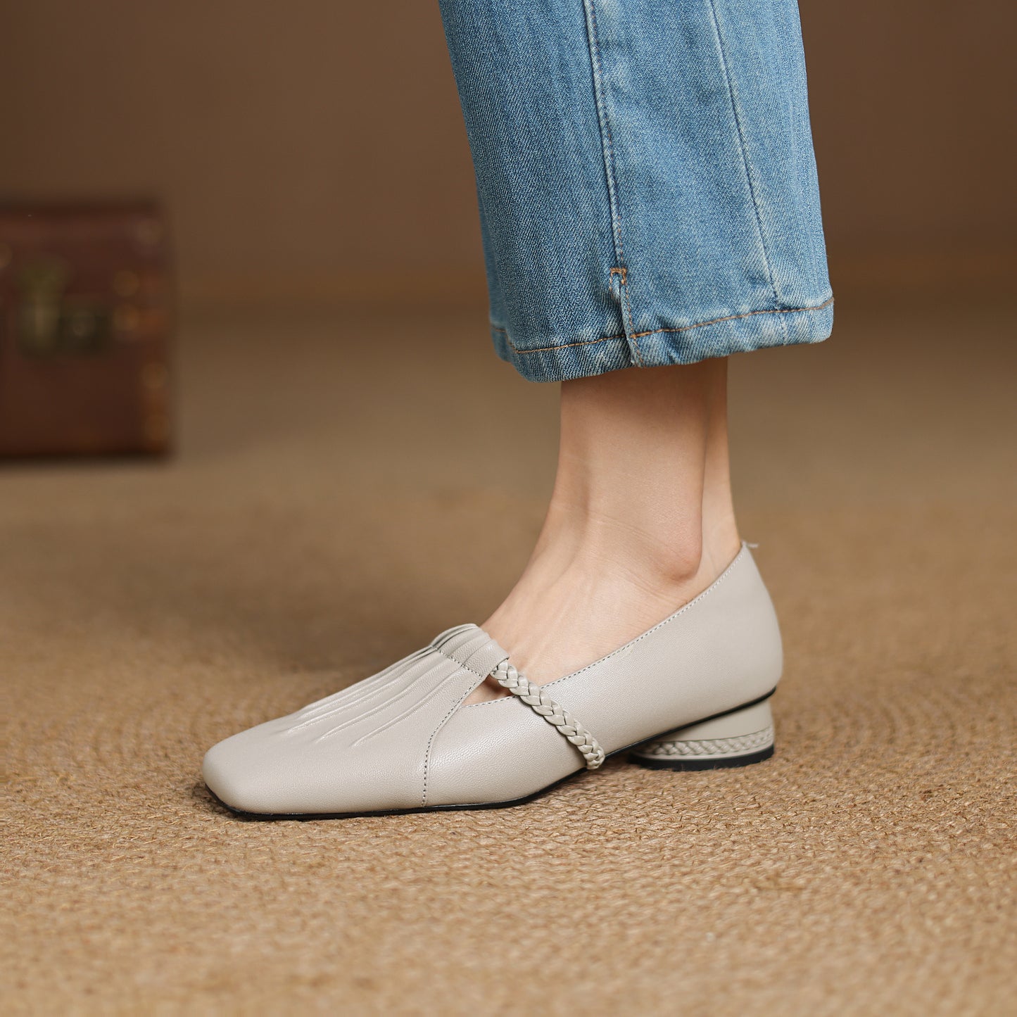 TinaCus Handmade Women's Genuine Leather Square Toe Braided T-Strap Ruched Casual Pump Shoes