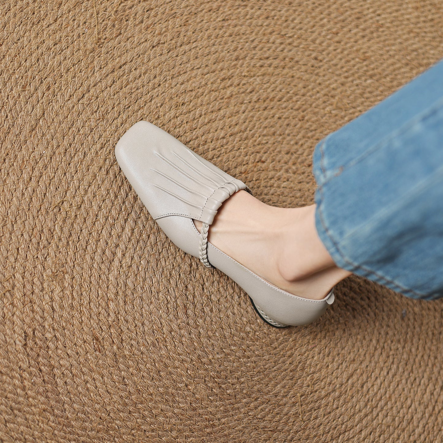 TinaCus Handmade Women's Genuine Leather Square Toe Braided T-Strap Ruched Casual Pump Shoes