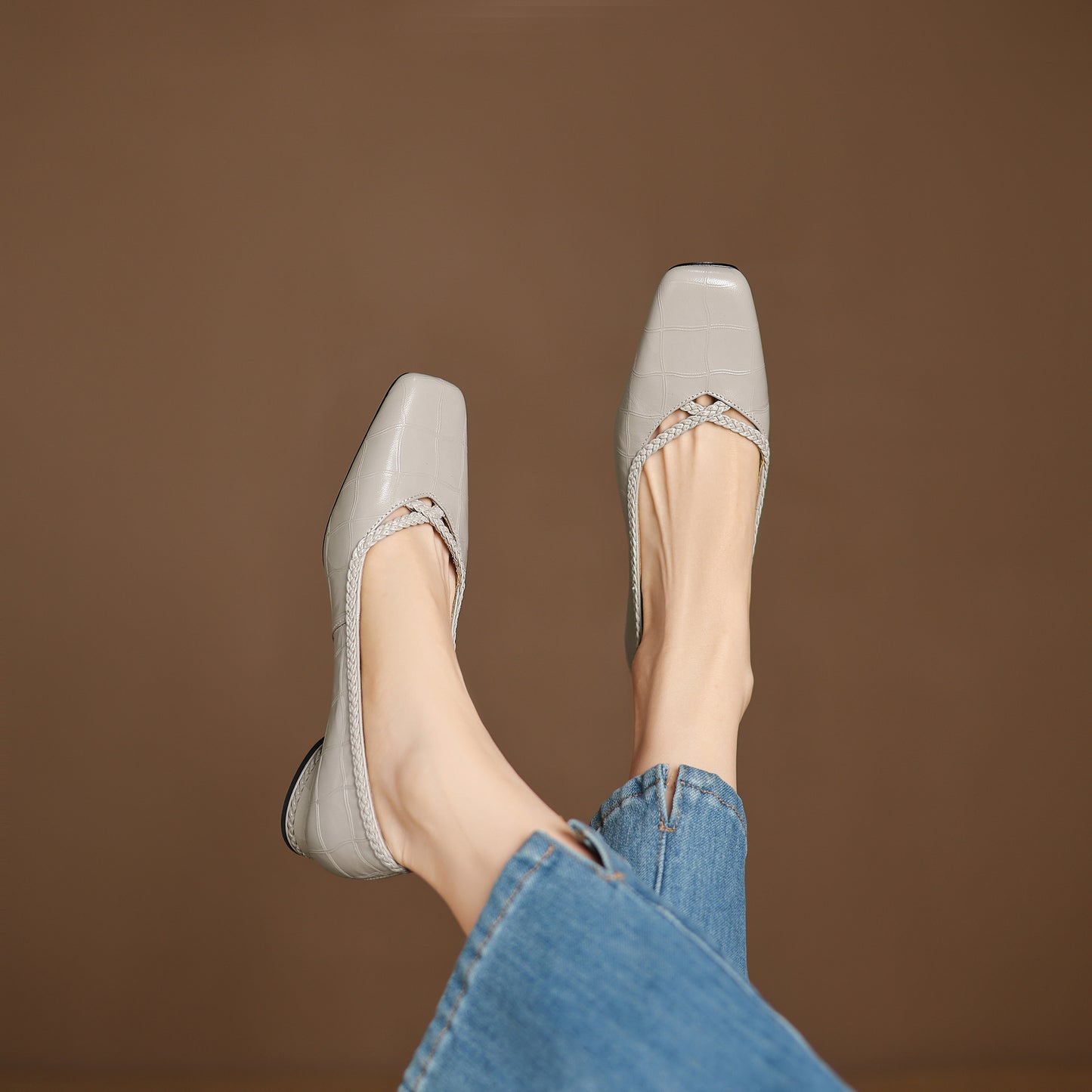 TinaCus Handmade Women's Genuine Leather Square Toe Braid Hollow-Out Chunky Heel Casual Slip On Pump Shoes