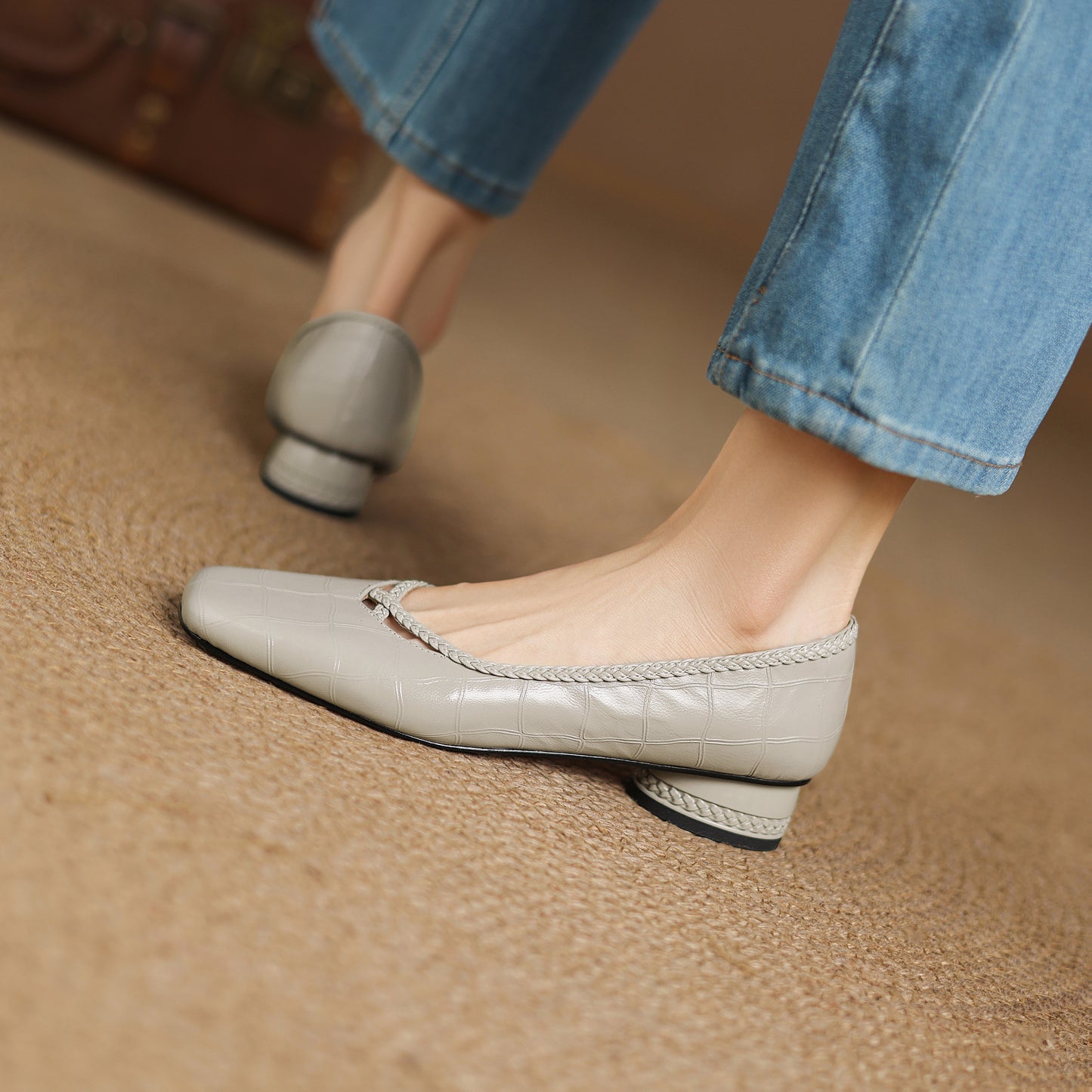 TinaCus Handmade Women's Genuine Leather Square Toe Braid Hollow-Out Chunky Heel Casual Slip On Pump Shoes