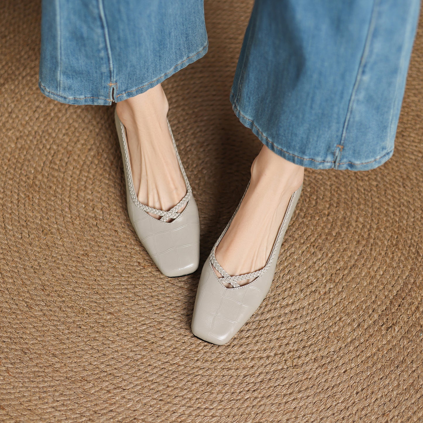 TinaCus Handmade Women's Genuine Leather Square Toe Braid Hollow-Out Chunky Heel Casual Slip On Pump Shoes